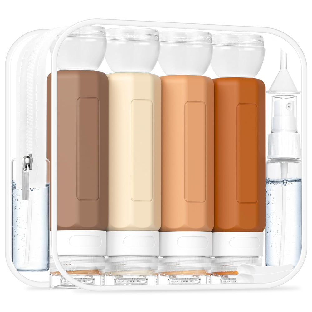 Redfly 17pcs travel bottles in apricot bag for organized packing and on-the-go convenience.