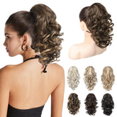 REECHO 12-inch ponytail extension in chocolate brown with highlights, showing classic loose curly texture.
