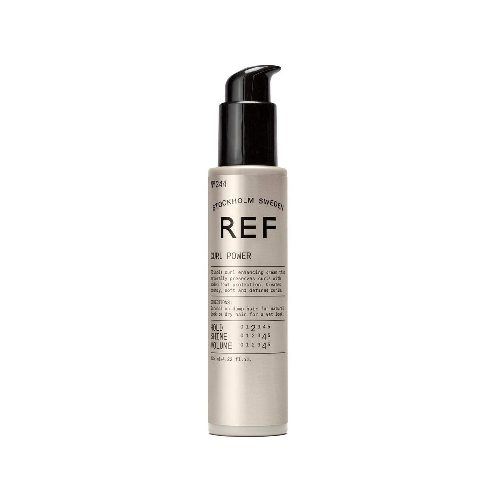 REF 244 Curl Power 125ml bottle shows a color-preserving vegan curl cream for reinforced curls.