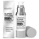 Refaflio Super Vitamin C Serum bottle closeup with vibrant orange tone for hydration and brightness.