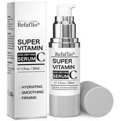 Refaflio Super Vitamin C Serum bottle with lemon pour for brightening hydration.