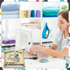 Reginary canvas cosmetic pouch pattern close-up emphasizes vivid sewing-themed design for creative gifting.