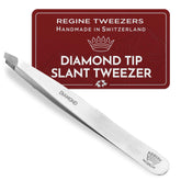 Regine Switzerland diamond slant tip tweezers closeup for precise brow shaping.