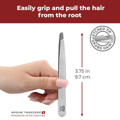 Regine Switzerland slant-tip tweezers interior-etched tip close-up for fine hair grip.