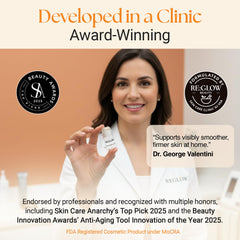 ReGlow advanced bio-active serum bottle highlights peptide and hyaluronic acid hydration.
