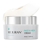 REJURAN Advanced Face & Neck Firming Cream bottle shows targeted hydration and lifting potential