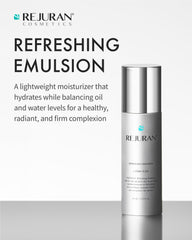 REJURAN Refreshing Emulsion jar close-up highlighting a smooth texture and moisturized look