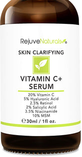 RejuveNaturals Vitamin C Serum bottle highlights potent formula for brighter, smoother skin