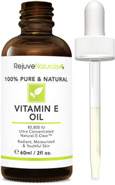 RejuveNaturals Vitamin E Oil bottle—pure, non-GMO formula for deep hydration and skin resilience.