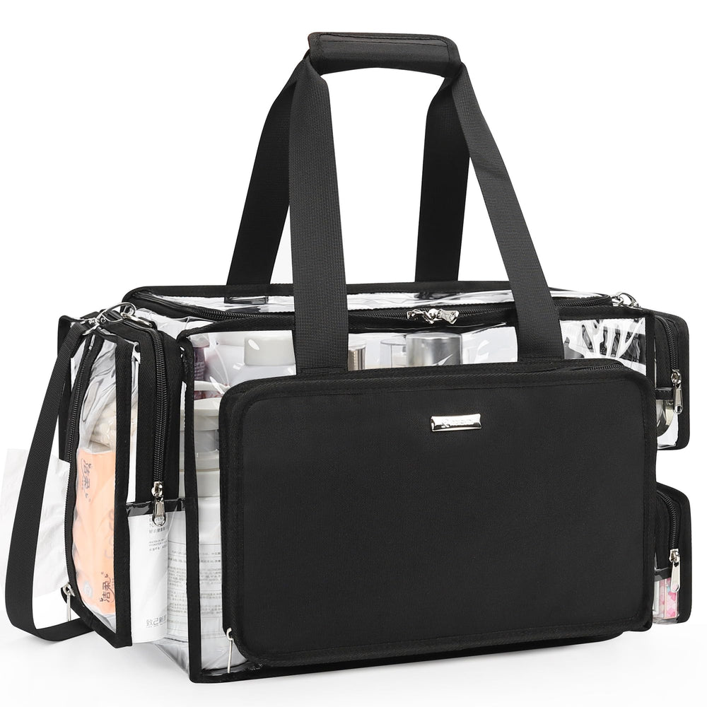 Relavel clear makeup bag showing extra-large capacity for pro kits on the go.