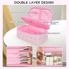 Relavel dual-layer makeup bag bottom layer with mesh pockets for eyeshadows and blush.