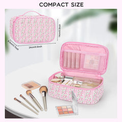 Relavel dual-layer makeup bag top layer with elastic bands and brush holders for easy access.