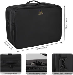 Relavel extra large makeup case open layout shows adjustable dividers for customizable storage.