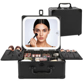 Relavel makeup bag with LED mirror open shows organized compartments for easy makeup application.