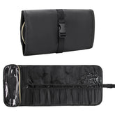 Relavel makeup brush holder roll-up design for easy access during on-location makeup sessions.