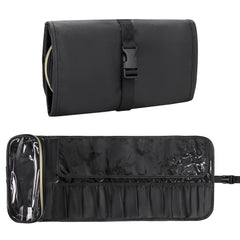 Relavel makeup brush holder roll-up design for easy access during on-location makeup sessions.