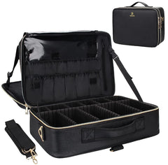 Relavel makeup case open showing three adjustable layers for flexible organization.