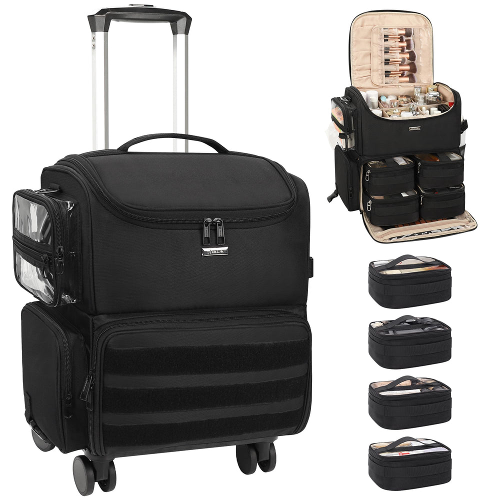 Relavel rolling makeup train case front view for easy studio-to-location transport.