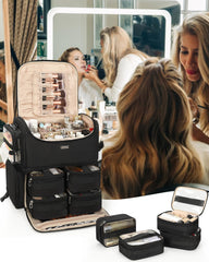 Relavel rolling makeup train case open-top layer keeps brushes upright and organized.