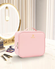 Relavel travel makeup train case adjustable dividers demonstrate customizable storage options.