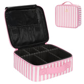 Relavel travel makeup train case pink stripe exterior keeps cosmetics organized on the go.