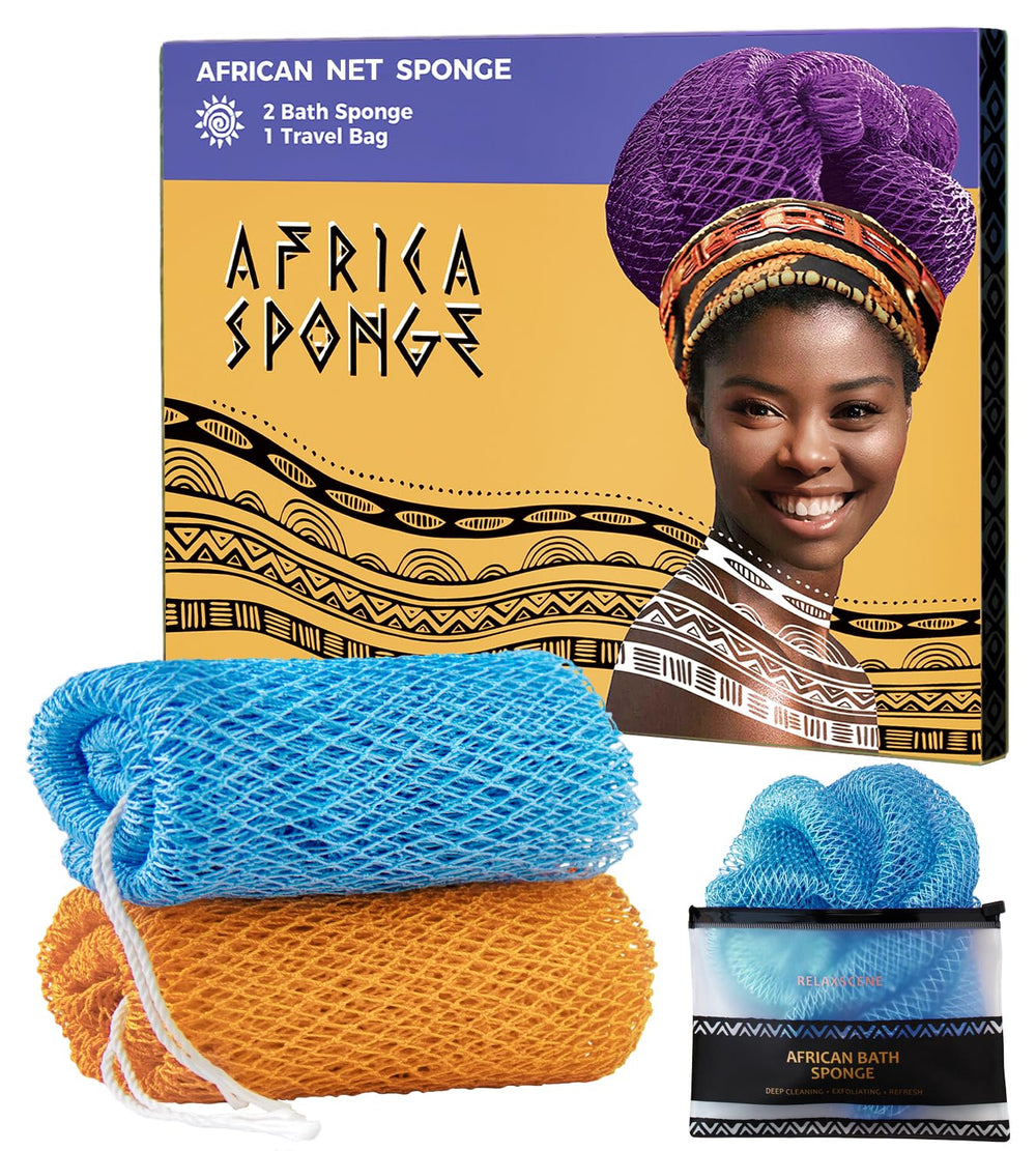 RelaxScene African Net Sponge two-piece set front view, vibrant colors for refreshing shower rituals.