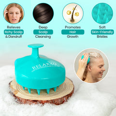 RELAXXO scalp massager soft bristles closeup provides gentle exfoliation during washing