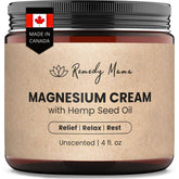 Remedy Mama magnesium cream tub close-up, unscented formula for sleep support.