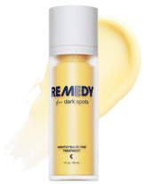 Remedy Science remedy dark spots bottle demonstrates nightly treatment for fading discoloration.