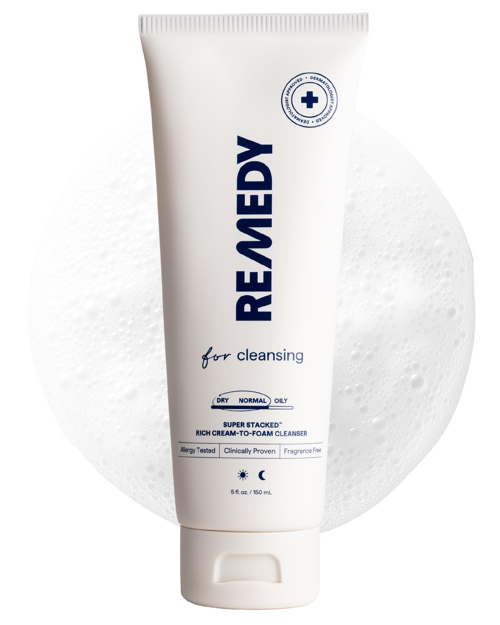 Remedy Science Rich Cream Cleansing bottle closeup shows hydrating cleanse for sensitive skin.