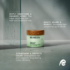 Remilia Hair Mask green coco formula close-up highlights nutrient-rich shine.