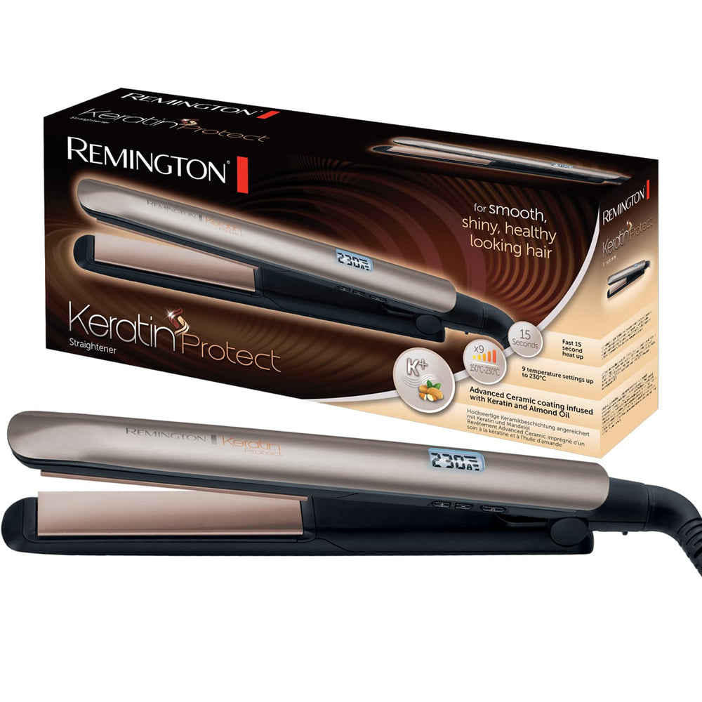 Remington S8540 keratin-coated plates close-up showing ceramic coating for smooth styling.