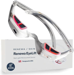 Renewa EyeLift wearable glasses design rests on face for under-eye refreshment.