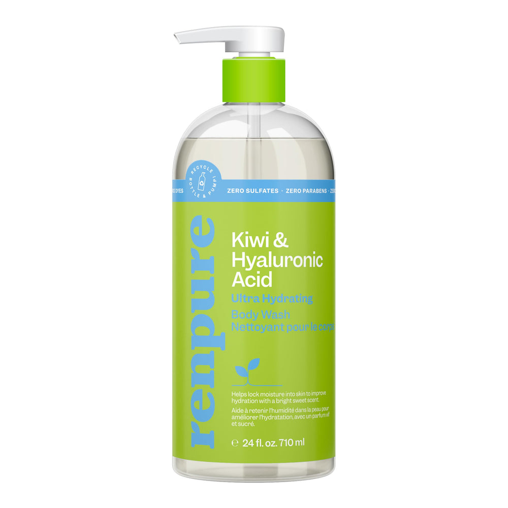 Renpure Kiwi Hyaluronic Body Wash pump bottle shows recyclable packaging for easy hydration