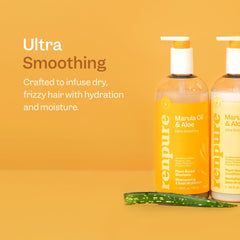 Renpure marula oil aloe shampoo for dry frizzy hair shows smoothing and moisture.