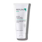 Replenix benzoyl peroxide face wash bottle for clear pores and balanced skin.