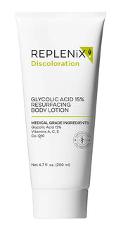 Replenix Glycolic 15% bottle closeup highlighting exfoliating formula for smoother skin