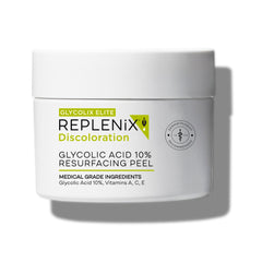 Replenix Glycolic Acid 10% pads packaging close-up promotes even-tone potential