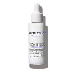 Replenix Pure Hydration Serum bottle showcases the hydrating formula for a plump, smooth complexion.