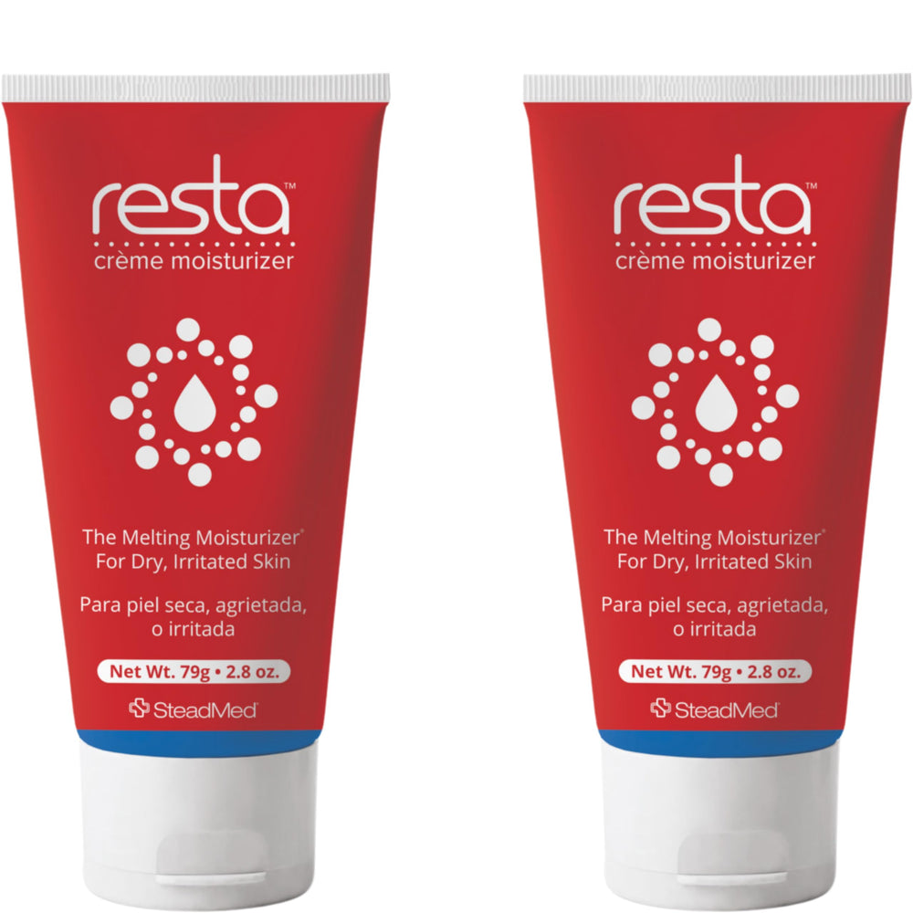 Resta Creme Moisturizer bottle close-up showing unscented hydration for sensitive skin.