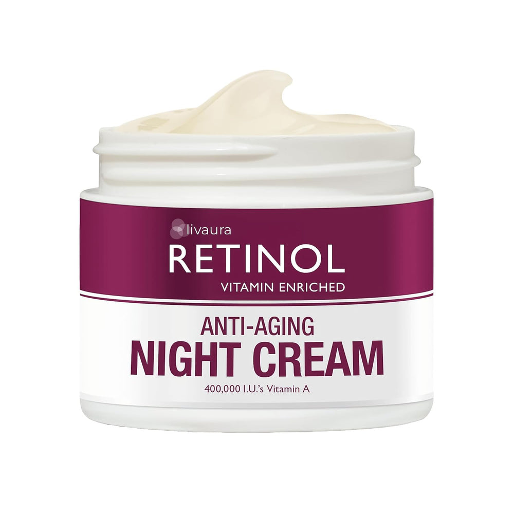 Retinol LIVAURA night cream jar on dresser for overnight renewal.