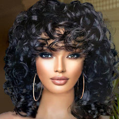 Retoleca short curly wig with bangs provides natural-black 14-inch volume for daily looks.