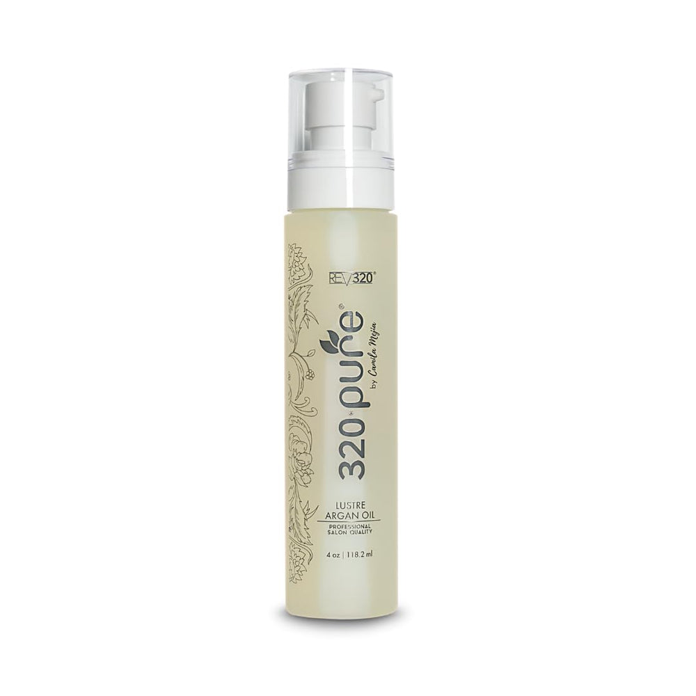 Rev320 320Pure Lustre Argan Oil bottle pump delivers lightweight hydration for all hair types.
