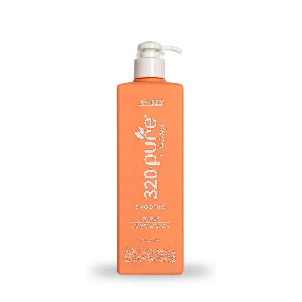 Rev320 320Pure Smoothie leave-in bottle demonstrates frizz control and shine.