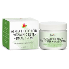 Reviva Labs DMAE Cream tube application highlights firming action and smooth skin.