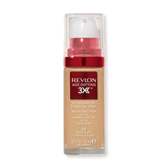 Revlon Age Defying 3X foundation bottle close-up emphasizes anti-aging formula.