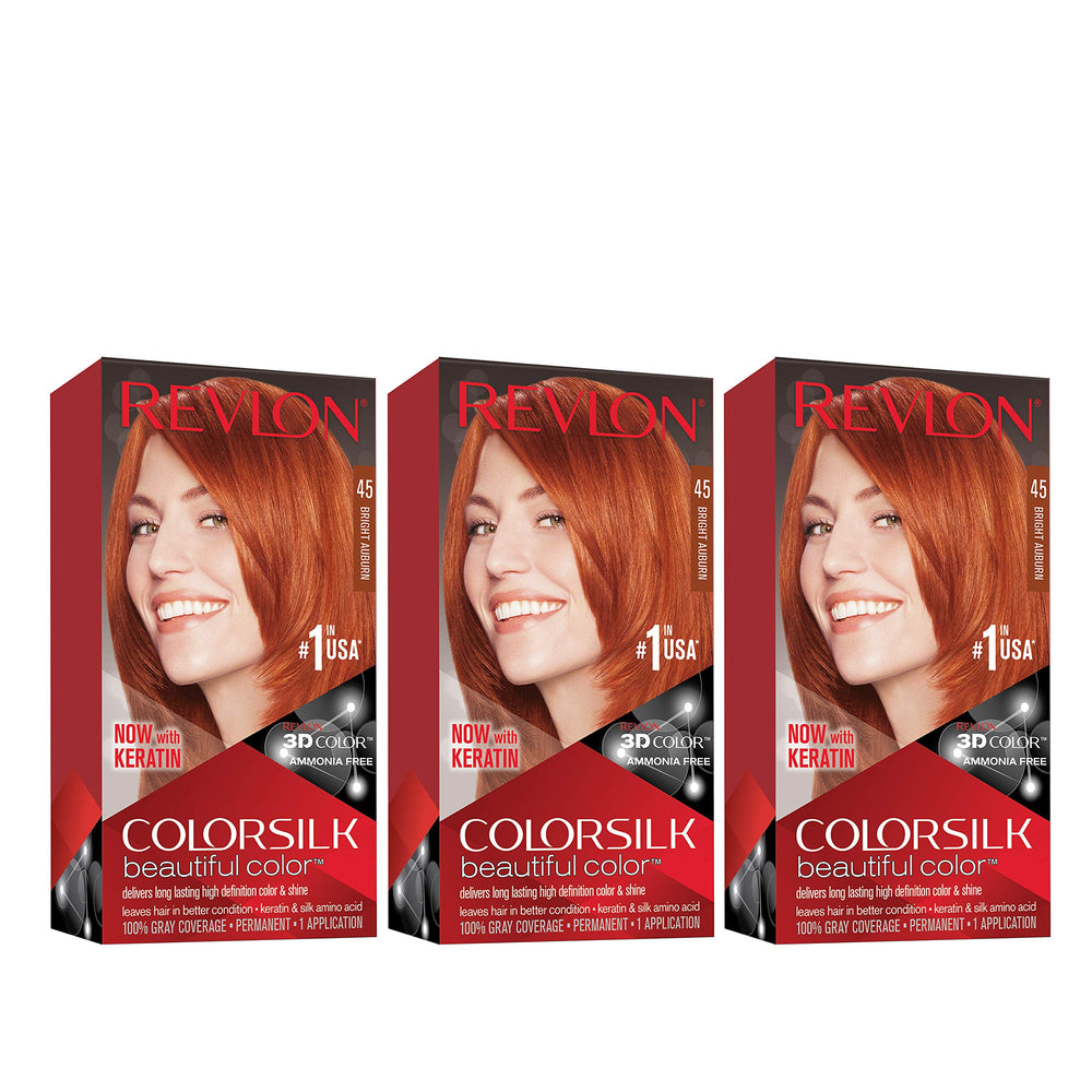 Revlon Colorsilk bright auburn pack and bottle for vibrant color at home.