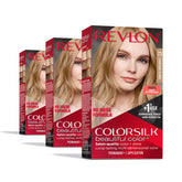Revlon ColorSilk permanent hair color kit box shows salon-quality at-home color.
