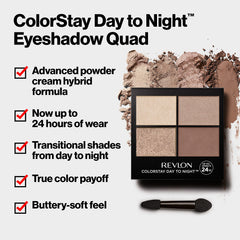 REVLON ColorStay Day to Night Eyeshadow Quad day-to-night transition imagery for versatile looks.