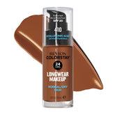 Revlon ColorStay foundation cap closeup shows long-wear promise and clean bottle design.